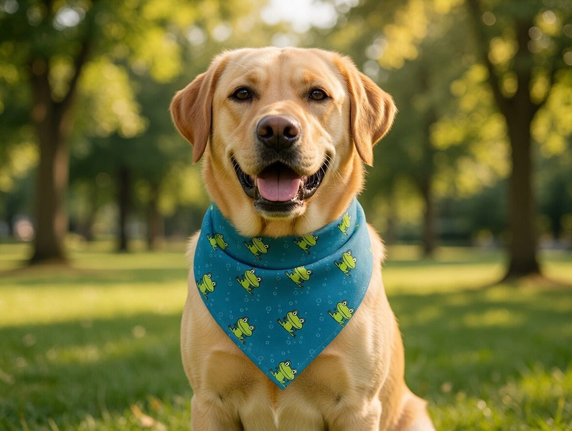 Yellow lab wearing blue bandana with green frog over-the-collar bandana