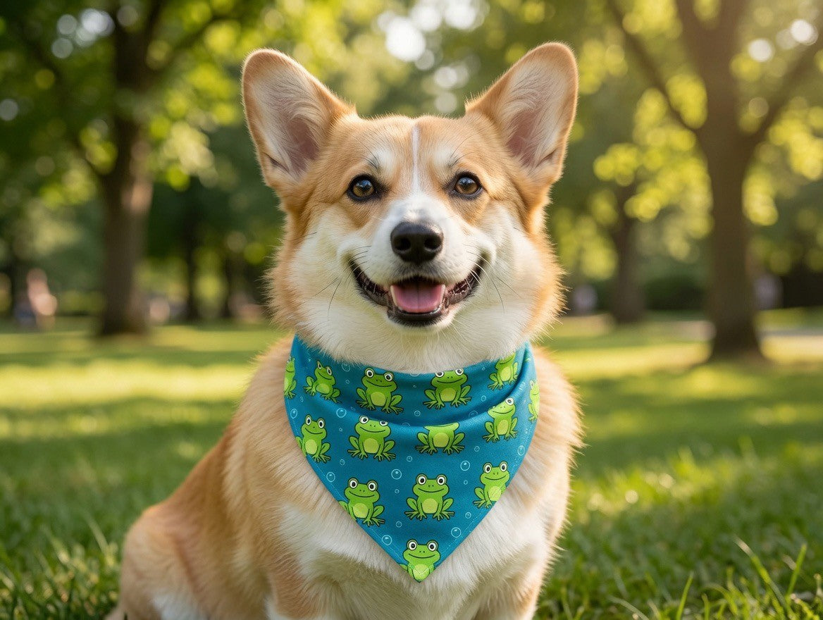 Corgi dog wearing blue over-the-collar bandana with frogs and bubbles