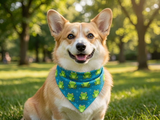 Corgi dog wearing blue over-the-collar bandana with frogs and bubbles